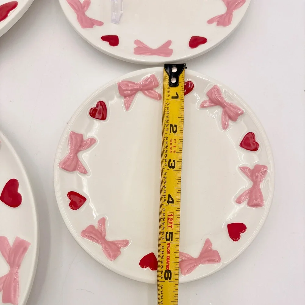 Set of 4 Ceramic Plates Dinner Dessert Salad Valentines Pink Bows and Red Hearts